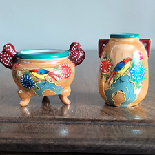 Set of 2 Small Hand Painted Ceramic Bird Floral Vases Glossy Made in Japan picture