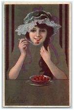 c1910's Pretty Woman Eating Cherry E Colombo Unposted Antique Postcard picture
