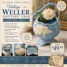 VTG Weller Pottery Blue Cameo Basket Vase – White Raised Flowers, Double Handle picture