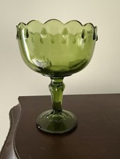 Vintage Indiana Glass, Avocado  Green Scalloped Teardrop Pedestal Compote picture