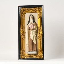 Vintage Saint Teresa Figurine Gold Gilt Frame Behind Glass Religious Art picture