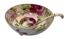 Vintage Nippon Hand Painted  Floral 3 Footed Bowl With Matching Ladle picture