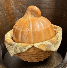 Vintage Longaberger Pottery Milk Glass Pumpkin Dish With Basket & Liner picture