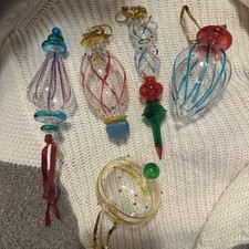 Vintage Set Of 5 Unique Shaped Multi Color Hand blown Glass Christmas Ornaments  picture