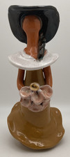 Faceless Terracotta Lady In Brown Ruffled Dress Flower Bouquet Pottery Figure 7