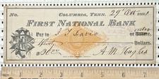 Antique 1881 First National Bank Columbia Tennessee Cancelled Bank Check picture