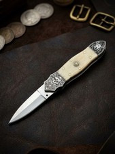 Handmade Pocket Knife Engraved Skull Spider Bone Handle Folding Knife Men's Gift picture