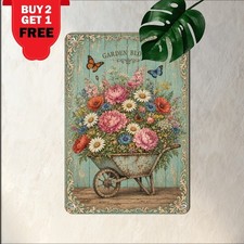 Turquoise Wood Background Floral Wheelbarrow Sign Rustic Garden Metal Tin Plaque picture