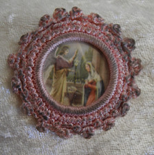 ANTIQUE CATHOLIC CONVENT WORK HAND CROCHETED AGNUS DEI MEDALLION (Z8) picture