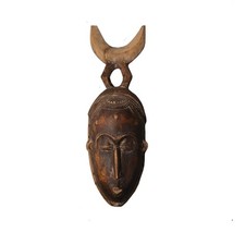 Vintage West African Hand-Carved Wooden Mask with Horned Crest – Tribal Wall Art picture