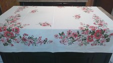 Vintage 1950s 60s Tablecloth Pink Daisy Floral Fern Print MCM 45x47 picture