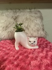 Vintage Style White Ceramic Stretching Cat Planter Figurine picture