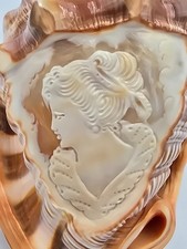Large Hand Carved Seashell Cameo Figurine Victorian Lady Profile Decorative picture