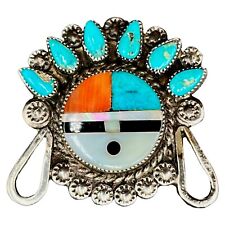 VTG ZUNI SUN GOD Zia Sun Face Pin Brooch Unmarked Sterling-S Turquoise Retro MCM picture