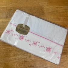 Lady Pepperell Flat Sheet Twin White Pink Vtg Floral Embroidered Cotton Percale picture