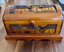 Vintage Hand Carved Wooden Jewelry Box Trunk Honduras Folk Art Village Scene 3D picture