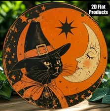 Halloween Black Cat Witch Moon Round  Sign Retro Holiday Gift picture