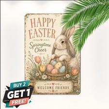 Happy Spring Easter Bunny Sign Cheerful Rabbit Meadow Holiday Wall Plaque picture