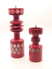 Vtg Hand Painted Swedish Folk Art Wood Candle Holders~Christmas Red~Brass Spikes picture