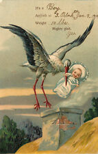 Birth Announcement Embossed Postcard Stork With Baby Boy Janaury 3rd 1909 10# picture