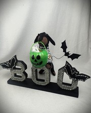 Felt Dachshund Black & Tan Sculpture BOO Batty Halloweenie Sign Tabletop Decor picture
