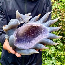 1.27LB   Natural Purple Crystal Cave Hand Carving Nine Tailed Fox Gemstone Art picture