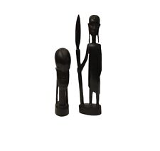 African Ebony Wood Tribal Carved Figures Man With Spear And Bust picture