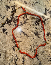 Antique Mediterranean Red Coral Misbaha Subha 18k Gold Emerald Diamond 79.95g picture