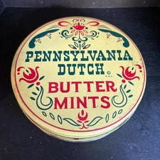 Vintage Pennsylvania Dutch Butter Mints Tin Round Yellow Folk Art Floral 6in picture