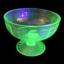 Vtg Green Uranium Jeannette Block Optic Depression Glass Dish Bowl Footed picture