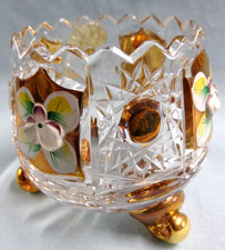 Vintage Bohemian Czech 24%Pb0 Lead Hand Cut Small Crystal Bowl Gold Flowers picture