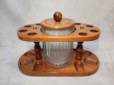 Dun-Rite Walnut 6 Tobacco Pipe Stand W/Heavy Glass Humidor Excellent Condition picture