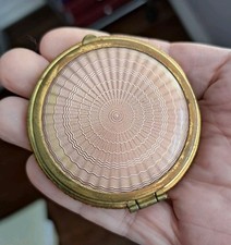 Antique Loose Powder Large Compact Peach Guilloche Enamel Mirror Vintage Screen picture