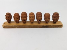 Vintage Set of 7 Chinese Peach Pit Miniature Heads on Wooden Display Stand Rare picture