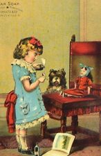 1870's-80's Lovely Girl With Sick Doll Dog Star Soap Schultz's Victorian Card *R picture