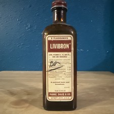 Vintage Parke Davis Livibron 8 oz Amber Medicine Bottle Original Label picture