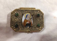 Vtg Antique French Brass Rosary Trinket Box Catholic St Therese Of Lisieux Icon picture
