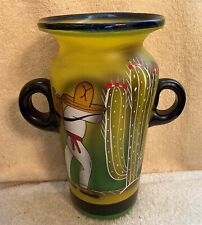 Vintage Mexican Art Glass Painted Shades of Green and Yellow 2 Handle Large Vase picture