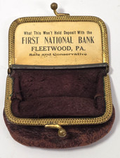 Antique First National Bank Fleetwood PA Advertising Coin Purse Kiss Clasp picture