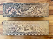 2~Art Nouveau Pyrography Long Dresser Tie Boxes Floral Motif Intact/Complete picture