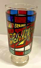 Vtg 1970's  Anchor Hocking Schlitz Stained Glass Beer Footed 12 Oz. Glass 6.5