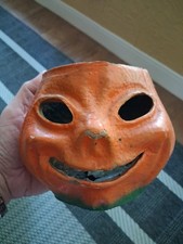 Antique Paper Mache Pulp Halloween Jack O Lantern Pumpkin Candy Bucket W/ Handle picture