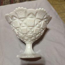 Vtg Westmoreland White Milk Glass Old Quilt Candy Dish 6”Compote Cottage Core picture