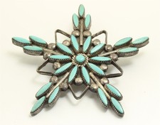 Vintage Zuni SIGNED Sterling Silver Needlepoint Turquoise Cluster Brooch Pin picture
