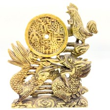VTG Chinese Soapstone Dragon Phoenix Rooster Coin Openwork Carving Feng Shui Art picture