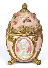 Egg Trinket Music Box Pink Floral Cameo Jewelry The Rose Decor 5” Mcm Vintage picture
