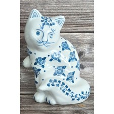 Vintage Blue and White Porcelain Cat Figurine Blue Rose Floral Ceramic 8 inch picture