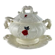 Vintage Cream Color Ceramic Soup Tureen with Underplate and Serving Spoon Roses picture