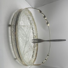 Glass Divided Relish Tray Silver Tone Basket Holder Handle Serving Fork picture