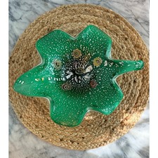 Vintage Murano art glass green petal bowl with millefiore and silver leaf picture
